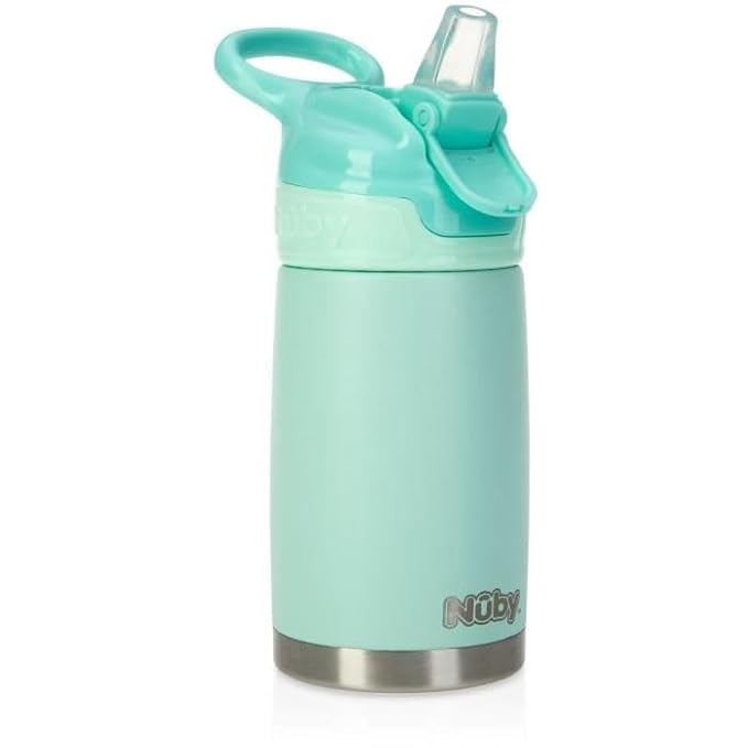 Nuby Thirsty Kids No Spill Flip-It Reflex Stainless Steel Travel Cup or Water Bottle - 10 Oz - 18+ Months - Aqua Mint - Back to School Essentials