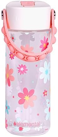 Elemental Water Bottles for Kids - Splash Kids Water Bottle for School with Pop-it Handle - BPA Free Tritan Plastic Water Bottle with Straw Leak Proof when Spout is Closed- Spring Blossom Clear-18oz