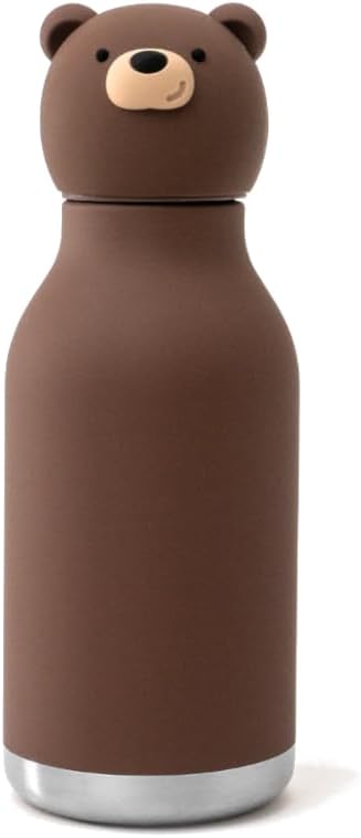 asobu Bestie Bottle Insulated Stainless Steel Water Bottle with Detachable Soft Animal Head Fun Drinking For Kids and Teens with Flexible Reusable Straw 16 Ounce (Brown Bear)