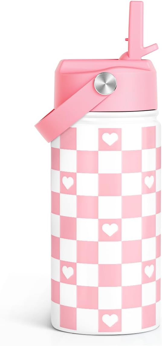 Checker Print Kids Water Bottle With Straw Lid 12oz Insulated Stainless Steel, Travel Tumbler, Pink Bow Gifts For Girls, Birthday, Christmas, Back To School