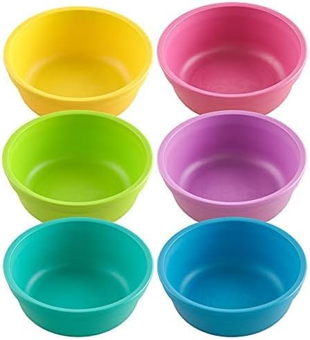 Re-Play Dinnerware Set for Toddlers – 6 Deep-Walled Divided Compartment Plates and 6 Stackable Bowls for Snack and Everyday Dining – Dishwasher/Microwave Safe – Made in USA – Sorbet