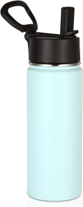 Volhoply 18oz Kids Insulated Water Bottle,Stainless Steel Water Bottles with Straw Lid,Wide Mouth Reusable Metal Water Bottle,Double Wall Vacuum Sports Travel Flask For Cold Drink(Fog,1 Set)