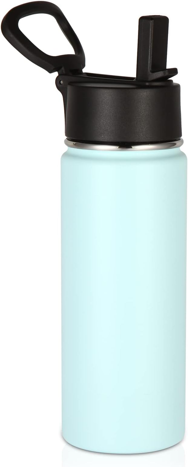 Volhoply 18oz Kids Insulated Water Bottle,Stainless Steel Water Bottles with Straw Lid,Wide Mouth Reusable Metal Water Bottle,Double Wall Vacuum Sports Travel Flask For Cold Drink(Fog,1 Set)