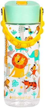 Elemental Water Bottles for Kids - Splash Kids Water Bottle for School with Pop-it Handle - BPA Free Tritan Plastic Water Bottle with Straw Leak Proof when Spout is Closed - Clear Jungle - 18oz