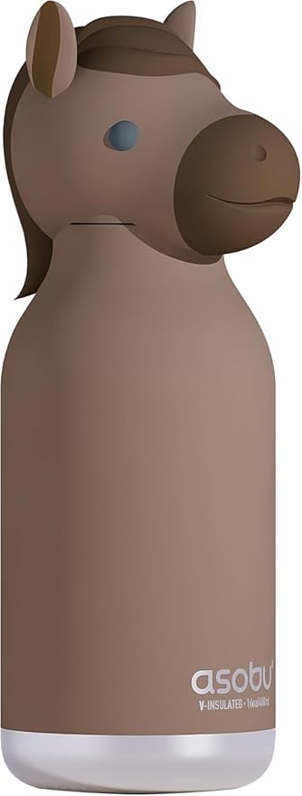 asobu Bestie Bottle Insulated Stainless Steel Water Bottle with Detachable Soft Animal Head Fun Drinking For Kids and Teens with Flexible Reusable Straw 16 Ounce (Horse)