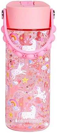 Elemental Water Bottles for Kids - Splash Kids Water Bottle for School with Pop-it Handle - BPA Free Tritan Plastic Water Bottle with Straw Leak Proof when Spout is Closed - Pink Unicorn - 18oz