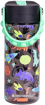 Elemental Water Bottles for Kids - Splash Kids Water Bottle for School with Pop-it Handle - BPA Free Tritan Plastic Water Bottle with Straw Leak Proof when Spout is Closed - Space Dinosaur - 18oz