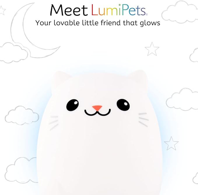 Lumipets Clive The Cat Squishy Silicone Night Light for Kids | Cute Night Light with Remote & Touch Control for Baby & Toddler Bedrooms | Color Changing Portable Animal Nightlight | Kids Mood Lamp
