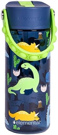 Elemental Water Bottles for Kids - Splash Kids Water Bottle for School with Pop-it Handle - BPA Free Tritan Plastic Water Bottle with Straw Leak Proof when Spout is Closed - Dinosaur- 18oz