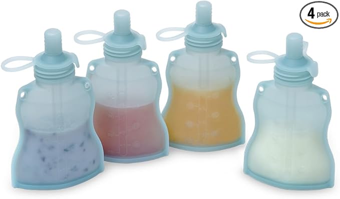 Haakaa Silicone Yummy Pouch 4.5 oz – Reusable Silicone Snack & Smoothie Pouch, Refillable, Leak-Resistant, Dishwasher Safe, Eco-Friendly Food Storage for Kids & Toddlers (4-PK, Mist Blue)