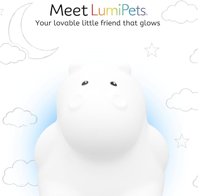 LumiPets Honey the Hippo Silicone Night Light for Kids | Squishy Lamp with Tap & Remote Control | Rechargeable, 9 Color Changing Animal Night Light for Boys & Girls | Portable Nightlight With USB Cord