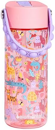 Elemental Water Bottles for Kids - Splash Kids Water Bottle for School with Pop-it Handle - BPA Free Tritan Plastic Water Bottle with Straw Leak Proof when Spout is Closed -Pink Safari - 18oz
