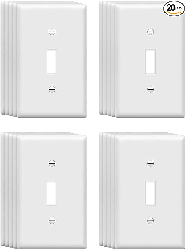ZEFTV Mid-Size Toggle Light Switch Wall Plates 1-Gang 4.89" x 3.12" Switch Electrical Cover Plate Unbreakable Thermoplastic Faceplate, White (20 Pack)