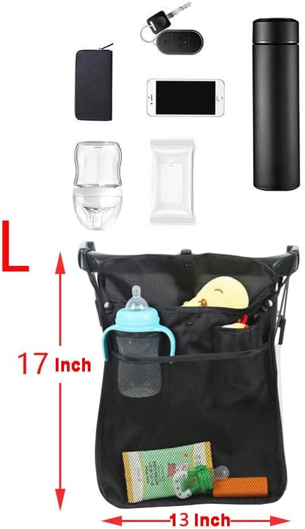 2pcs Baby Stroller Organizer with Two Compartments Front Mesh Pocket for Bottle Nappy Diaper Storage, Detachable Straps, Fits for Stroller like Uppababy, Baby Jogger, Britax, Bugaboo, BOB, Black