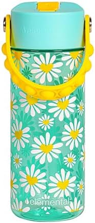 Elemental Water Bottles for Kids - Splash Kids Water Bottle for School with Pop-it Handle - BPA Free Tritan Plastic Water Bottle with Straw Leak Proof when Spout is Closed - Daisy Heart - 18oz