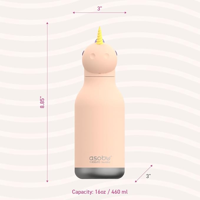 asobu Bestie Bottle Insulated Stainless Steel Water Bottle with Detachable Soft Animal Head Fun Drinking For Kids and Teens with Flexible Reusable Straw 16 Ounce