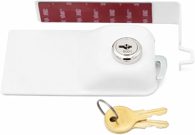 Child Proof Fridge Lock with Key | 100% Metal Refrigerator Lock for Toddlers & Kids | 400 lbf 3M Adhesive No-Drill | Baby Safety Freezer Cabinet Lock (1 Pack, White)