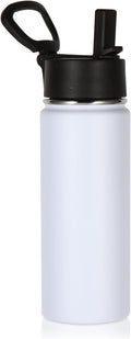 Volhoply 18oz Kids Insulated Water Bottle,Stainless Steel Water Bottles with Straw Lid,Wide Mouth Reusable Metal Water Bottle,Double Wall Vacuum Sports Travel Flask For Cold Drink(White,1 Set)