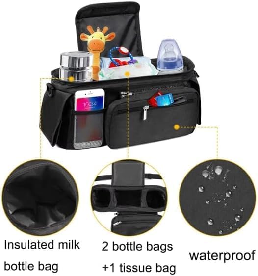 Universal Stroller Organizer with Insulated Cup Holder Detachable Phone Bag and Carry Strap Fits Uppababy, Baby Jogger, Britax, BOB, Umbrella and Pet Stroller and more (Black)