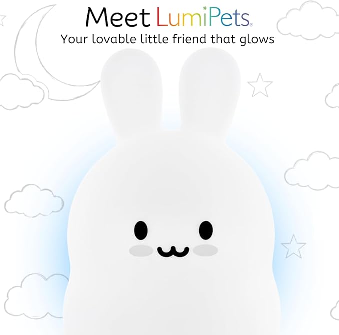 Lumipets Baxter The Bunny Squishy Night Light for Kids | Silicone Lamp with Tap & Remote Control | Rechargeable Color Changing Animal Night Light for Boys & Girls | Portable Nightlight with USB Cord