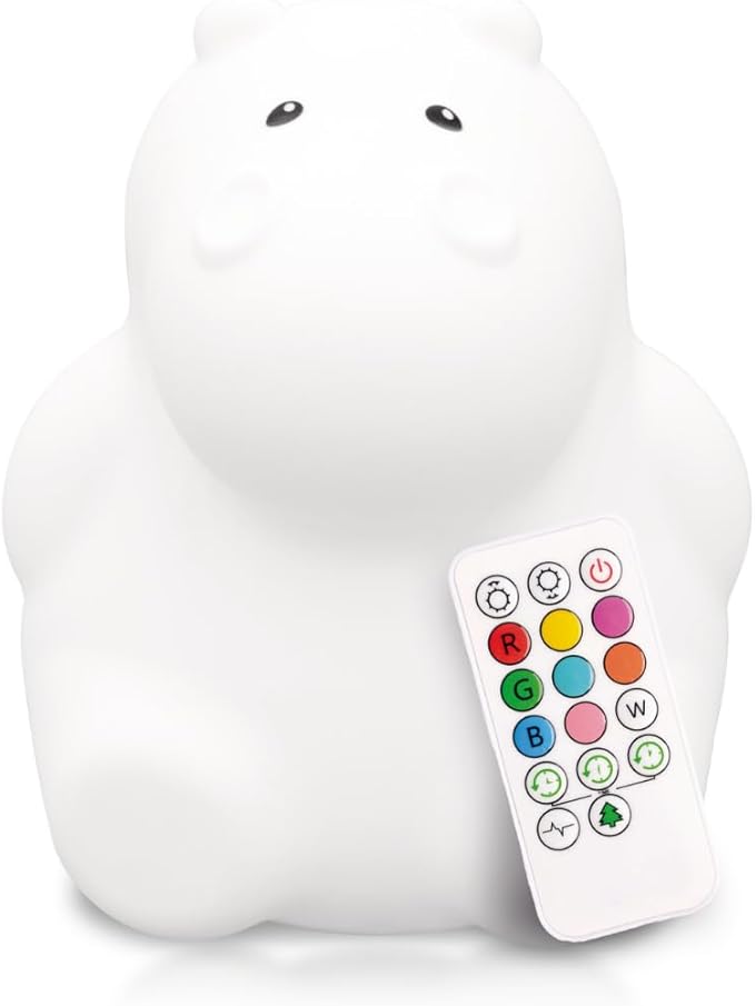 LumiPets Honey the Hippo Silicone Night Light for Kids | Squishy Lamp with Tap & Remote Control | Rechargeable, 9 Color Changing Animal Night Light for Boys & Girls | Portable Nightlight With USB Cord
