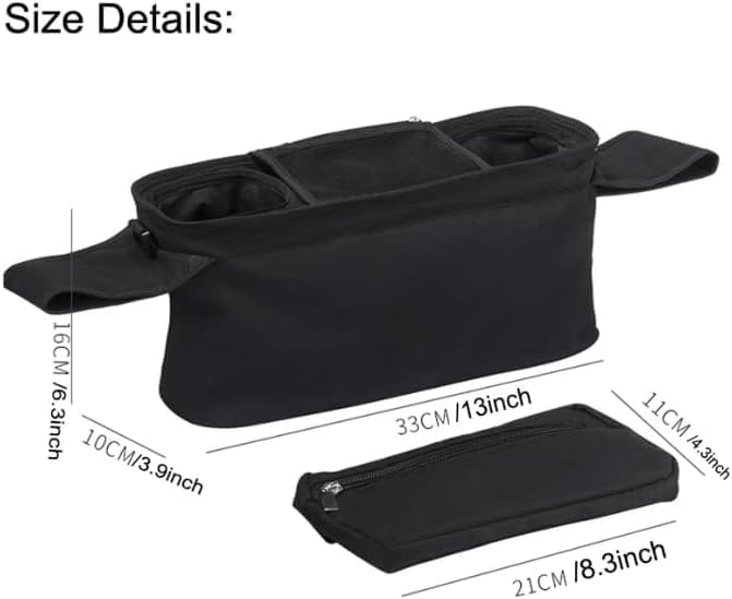 Universal Stroller Organizer with Insulated Cup Holder Detachable Phone Bag and Carry Strap Fits Uppababy, Baby Jogger, Britax, BOB, Umbrella and Pet Stroller and more (Black)