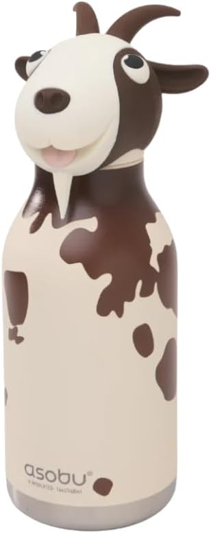 asobu Bestie Bottle Insulated Stainless Steel Water Bottle with Detachable Soft Animal Head Fun Drinking For Kids and Teens with Flexible Reusable Straw 16 Ounce (Goat)