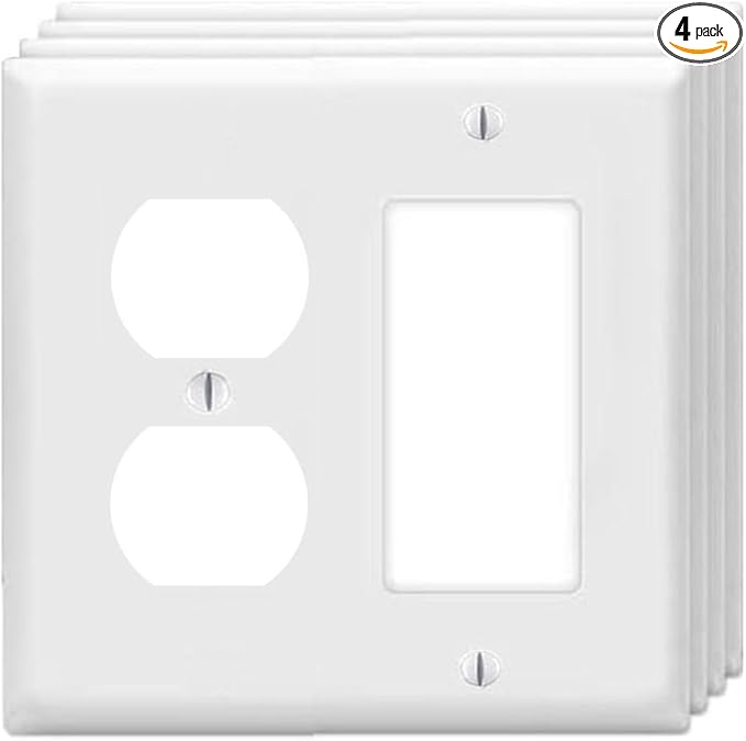 ZEFTV Duplex Outlet/Decorator Rocker Light Switch Wall Plates 2-Gang Switch Outlet Electrical Cover Plate Unbreakable Thermoplastic Faceplate for Light Receptacle Outlet Switch, White (4 Pack)