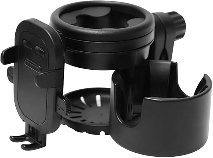 Stroller Cup Phone Holder Attachment, 3-in-1 Universal Cup Holder with Adjustable Phone Mount, Double Cup Holder for Walker Wheelchair Fits Most Donna, Uppababy, Bugaboo, Anti-Slip & Easy Install
