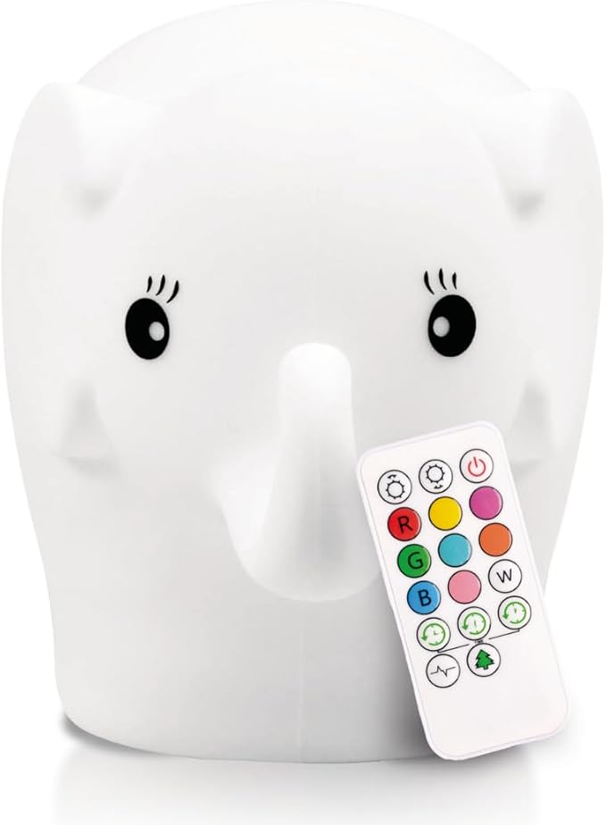 LumiPets Eggbert the Elephant Squishy Night Light for Kids | Silicone Nightlight with Tap, Remote Control | Rechargeable Color Changing Animal Light for Girls & Boys | Portable Mood Lamp With USB Cord