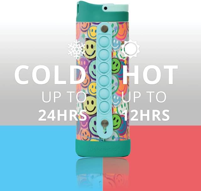 Elemental Iconic Kids Water Bottle for School - 100% Leak-Proof Insulated Water Bottles with Straw Lid & Pop-It Handle for Boys & Girls - Triple-Wall Insulated & BPA-Free, 14oz – Graffiti Smile