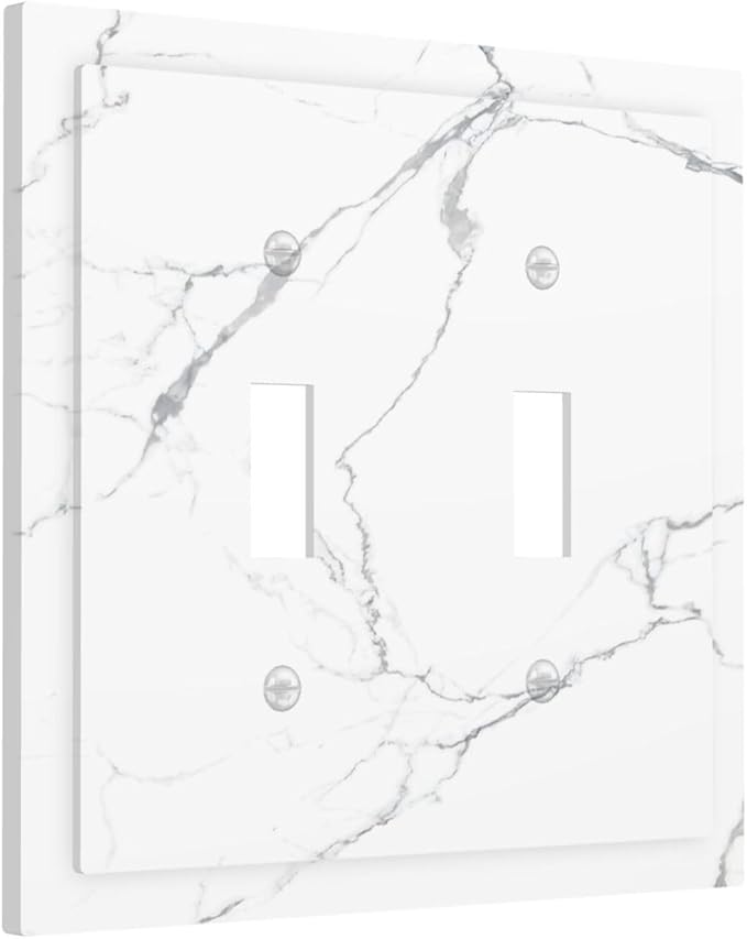 Luxurious White Marble Abstract Print Decorative Switch Plates 2 Gang Double Toggle Outlet Light Switch Cover Wall Plate Electrical Faceplate for Bathroom Kitchen Bedroom Decor