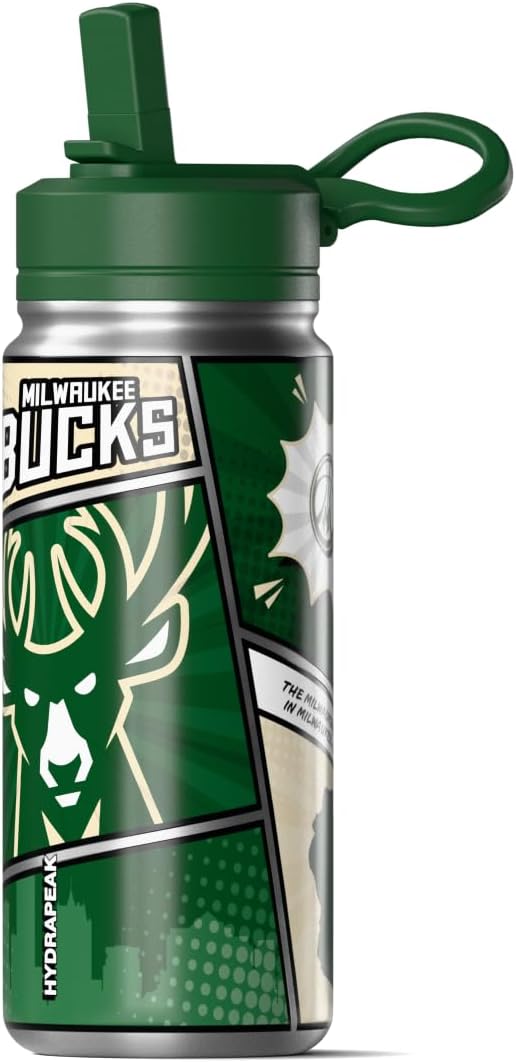 Hydrapeak x NBA Milwaukee Bucks 20 oz Stainless Steel Water Bottle, Officially Licensed Double Wall Insulated Sports Bottle with Straw Lid, Reusable Leakproof Gift for Kids & Adults