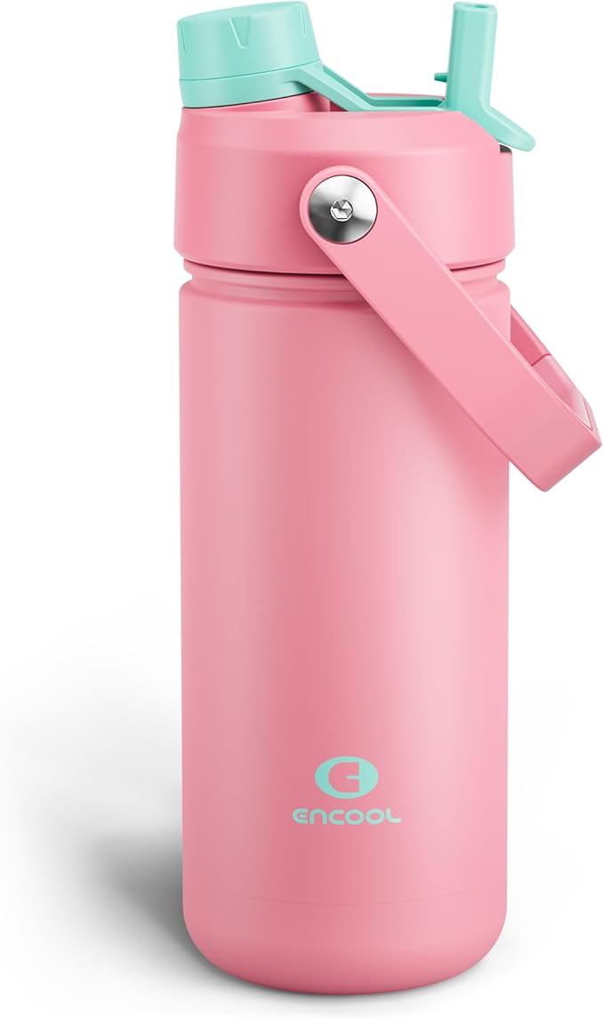 ENCOOL Insulated Water Bottle with Straw Stainless Steel Water Bottle, Leak-Proof, BPA-Free, Double Wall Vacuum Keeps Cold for 24 Hours for Sports, Travel, School (18 oz, Tulip)