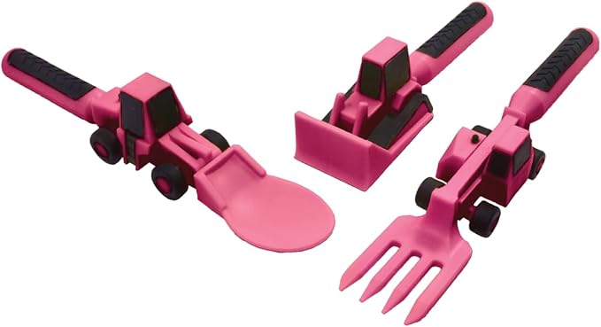 Constructive Eating Plate and Utensils Set - USA-Made Toddler Dinnerware with Divided Plates (Pink Construction)