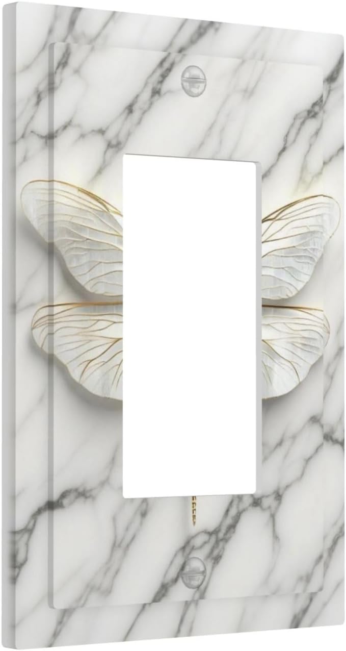White Gold Marble Dragonfly Abstract Modern Decorative Outlet Covers 1 Gang Single Rocker Light Switch Cover Plate Wall Plates GFCI Faceplate for Bathroom Home Decor