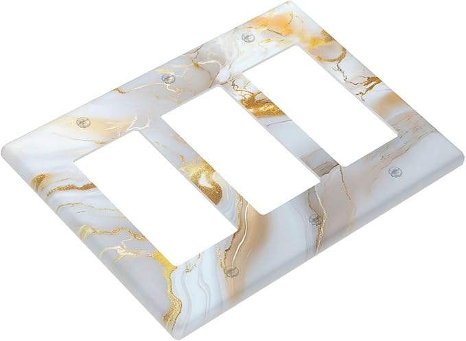 Decorative Light Switch Plate Abstract Gold Marble Design with White & Gold 3 Gang Outlet Covers Triple Rocker Wall Plate Switch Plate Cover for Modern Luxurious Decor
