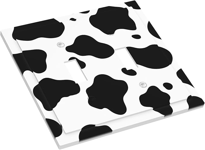 Cow Print Double Toggle Switch Cover - 2-Gang Standard US Size Farmhouse Cowhide Light Switch Covers, Black & White Rustic Animal Print for Country Homes