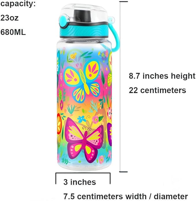 Home Tune Cute Water Bottle for School Kids Girls, BPA FREE Tritan & Leak Proof & Easy Clean & Carry Handle, 23oz/ 680ml - Butterfly