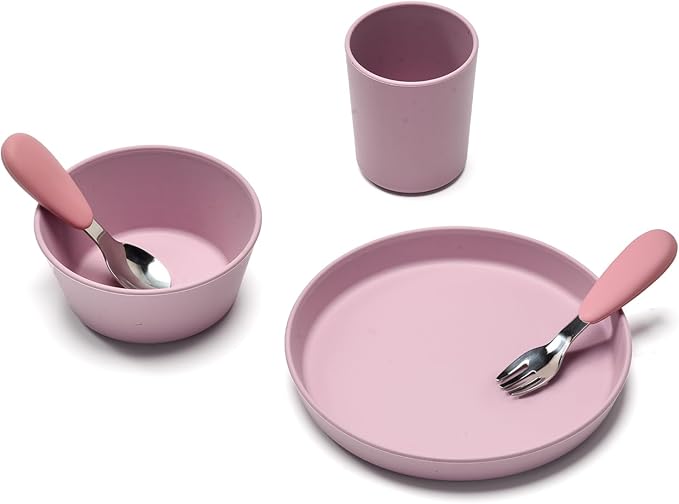 Complete tableware set, 6 pieces, water cups, dinner plates, divided dinner plates, bowls, spoons, and forks. (Purple)