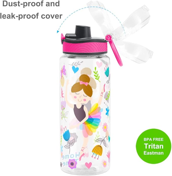 Home Tune Cute Water Bottle for School Kids Girls, BPA FREE Tritan & Leak Proof & Easy Clean & Carry Handle, 23oz/ 680ml (Dancing)