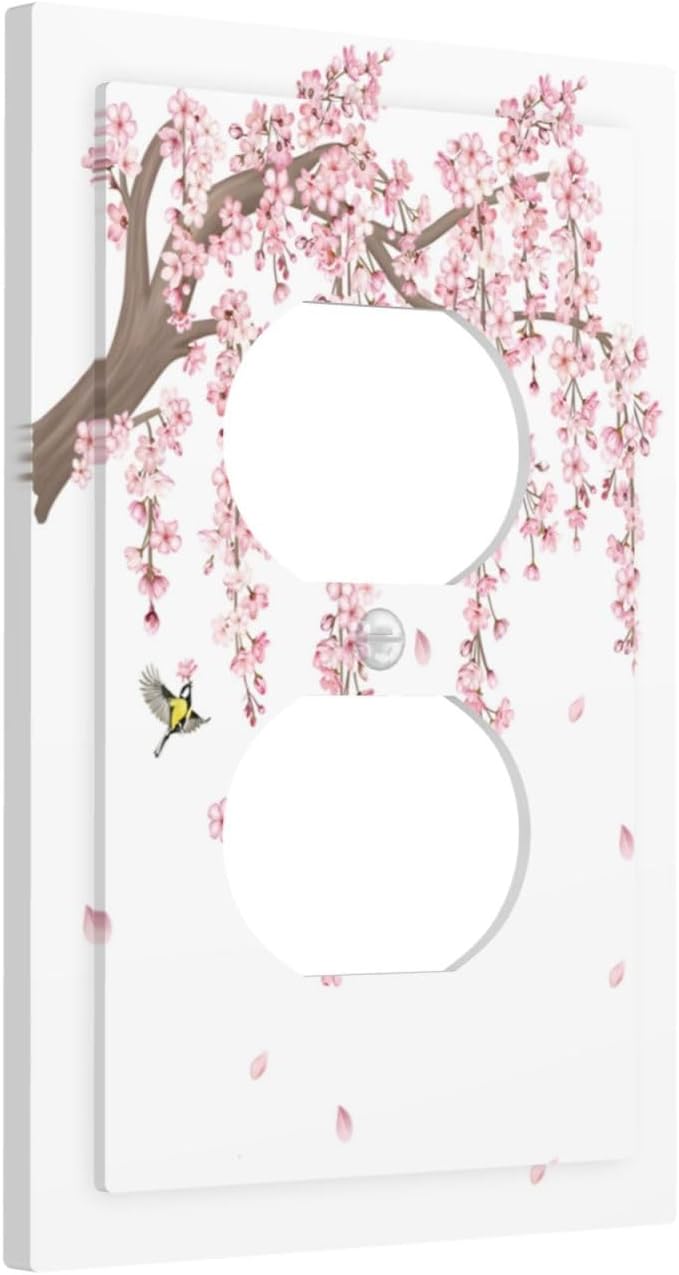 Pink Flower Tree Branch Cherry Blossom Tree Floral Birds Outlet Covers 1 Gang Duplex Light Switch Cover Decorative Switch Plates Electrical Receptacle Faceplate Wall Plate for Bedroom Living Room
