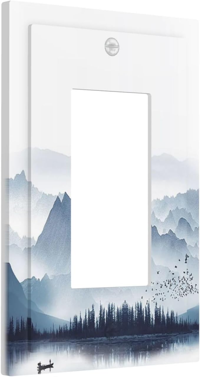 Decorative Outlet Covers Mountain Foggy Lake Boat Grey Blue Forest Birds 1 Gang Single Rocker Light Switch Cover Plate Wall Plates GFCI Faceplate for Bedroom living Room Decor