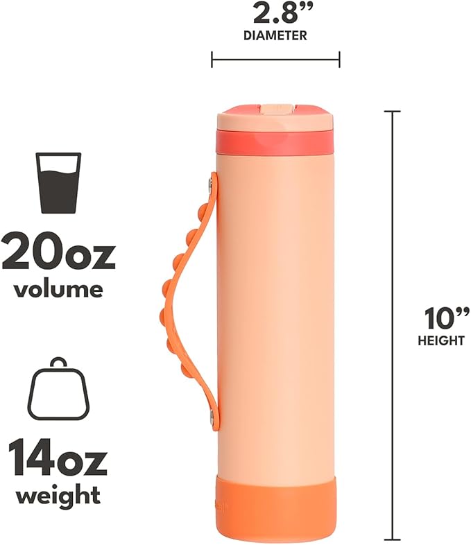 Elemental Iconic Kids Water Bottle for School - 100% Leak-Proof Insulated Water Bottles with Straw Lid & Pop-It Handle for Boys & Girls - Triple-Wall Insulated & BPA-Free, 20oz – Peach Sunrise
