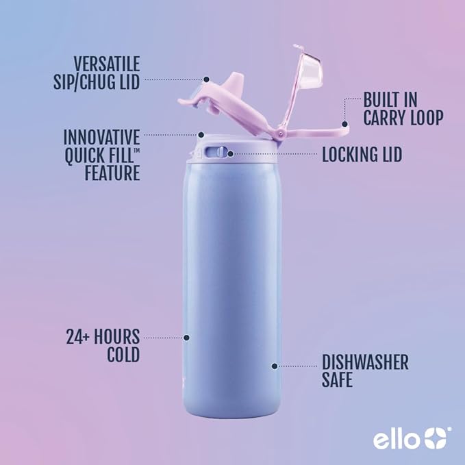 Ello Pop & Fill 18oz Stainless Steel Kids Water Bottle with Quick Fill Lid | Vacuum Insulated BPA Free Bottle with Leak Proof Straw and Chug Lid, Dishwasher Safe, Gift For Kids Teens, Purple Holo