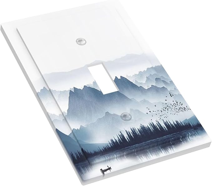 Decorative Light Switch Cover Mountain Foggy Lake Boat Grey Blue Forest Birds 1 Gang Single Toggle Decorator Outlet Wall Plate Device Electrical Faceplate Switchplates for Bedroom