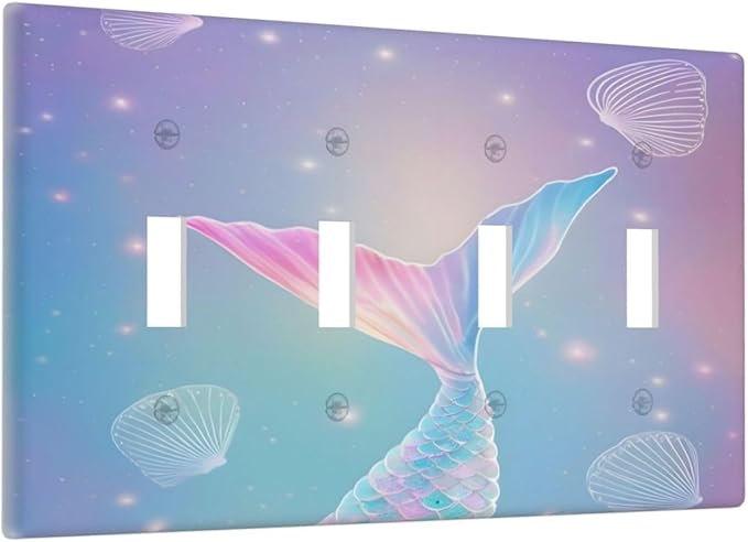Cute Mermaid Pink Tail Scales Shells Colorful Ocean Light Switch Covers Quad Toggle Electrical Faceplate 4 Gang Wall Plate Decorative Switch Plates for Kids Room Nursery Decor