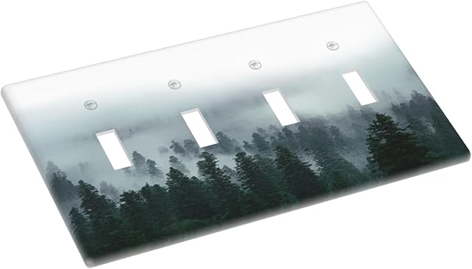 Forest Pine Forest Foggy Mountain Natural Scenery Light Switch Covers Quad Toggle Electrical Faceplate 4 Gang Wall Plate Decorative Switch Plates for Bed Room Living Room Decor