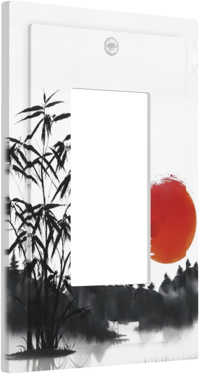 Decorative Outlet Covers Artistic Describe Black Bamboo Japanese Red Sun 1 Gang Single Decora GFCI Device Light Switch Covers Plate 1 Rocker Wall Plate Jumbo Switch Cover Plate