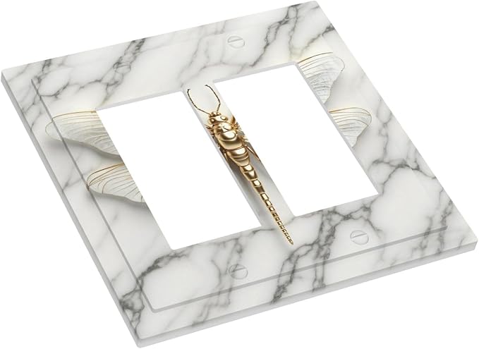 White Gold Marble Dragonfly Abstract Modern Decorative Outlet Covers 2 Gang Double GFCI Rocker Electrical Wall Panels Light Switch Cover Plate for Bathroom Home Decor